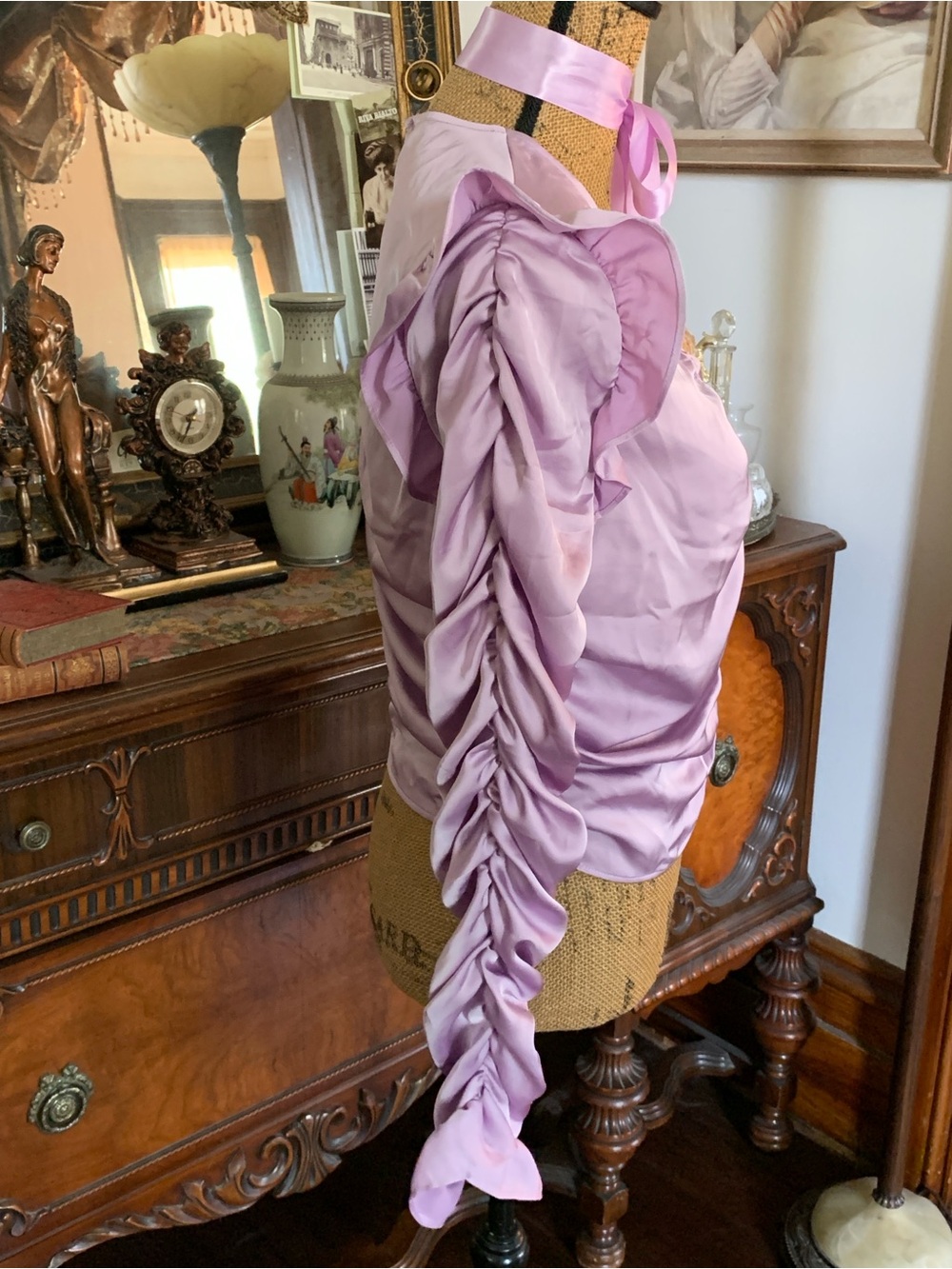 Pre-loved Lilac Satin Ruched Ruffle Sleeve Victorian-insired Blouse Top - Picture 4 of 8